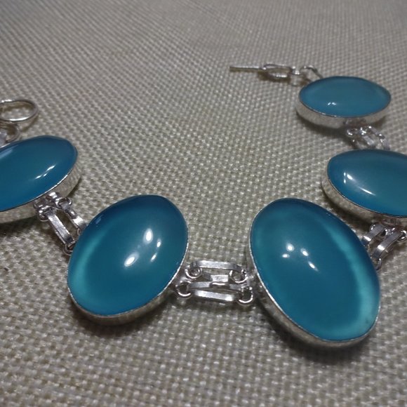 Beautiful "BLUE CHALCEDONY" Handmade Sterling Bracelet Size 7 1/4" #382B - Picture 1 of 3